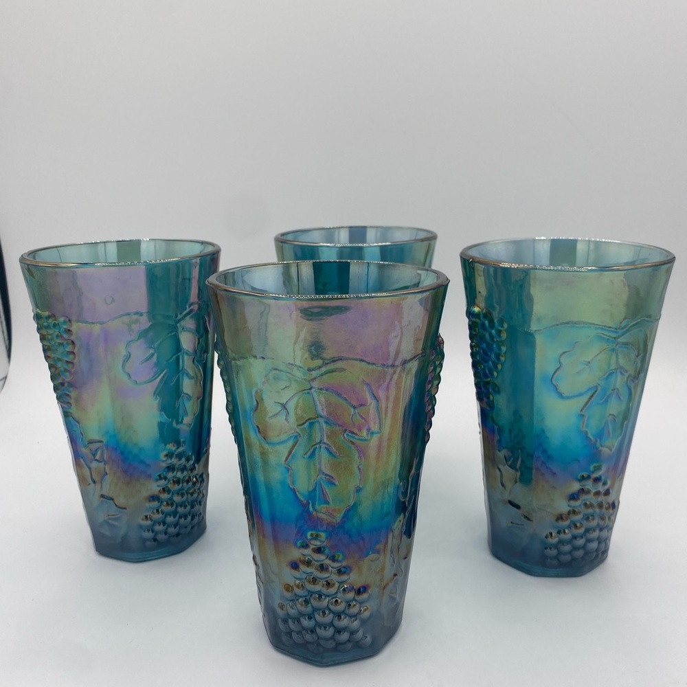 Vintage Indiana Carnival Glass Colony Harvest Grape Blue Tumblers Set Of 4
